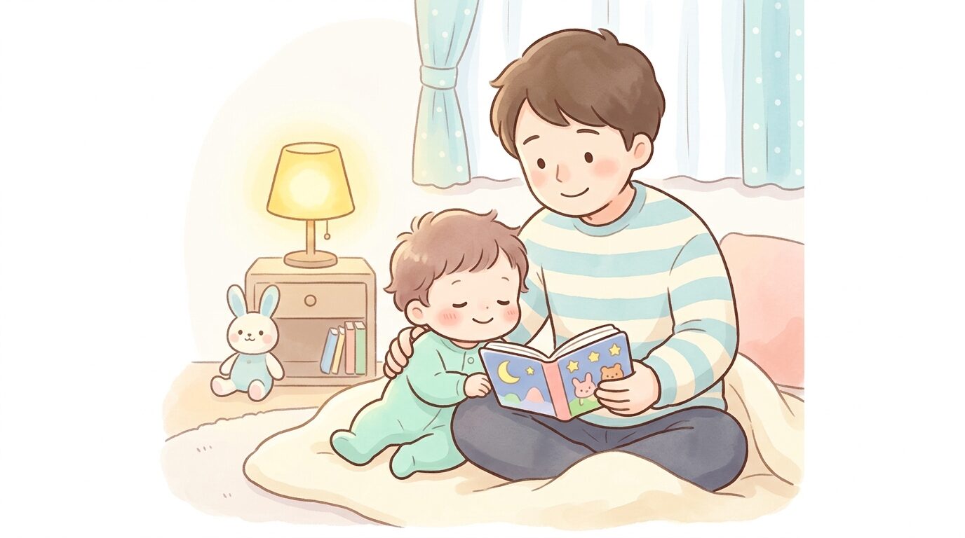 就寝前に絵本を読み聞かせる父親と、安心した表情で耳を傾ける1歳児のあたたかな親子の時間
