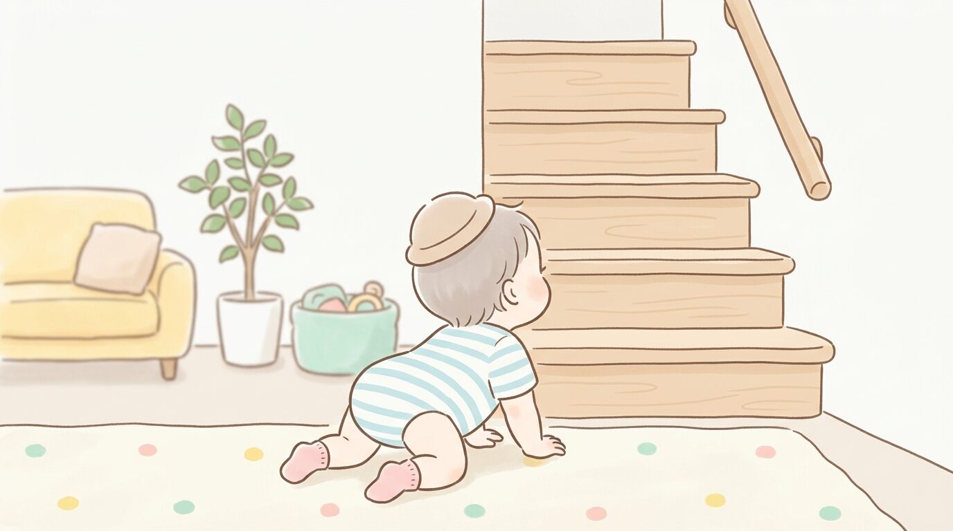 リビングの階段前でハイハイをしながら階段を見上げる1歳児の後ろ姿、あたたかい家庭の雰囲気