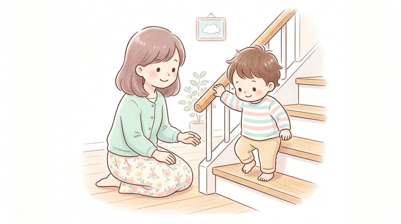 木製の手すりに小さな手を添えて階段を一段ずつ慎重に下りる幼児と、隣で見守る母親の温かいシーン