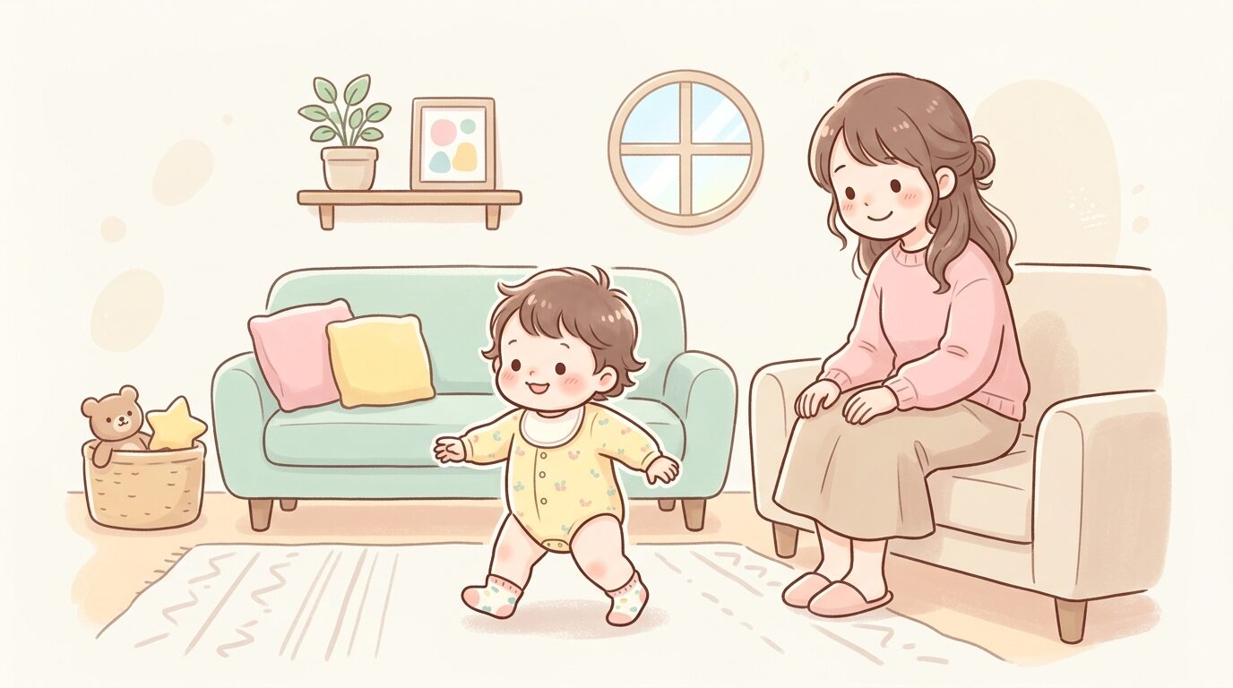 リビングでよちよち歩きをする1歳児と、そばで優しく見守る母親の温かい様子