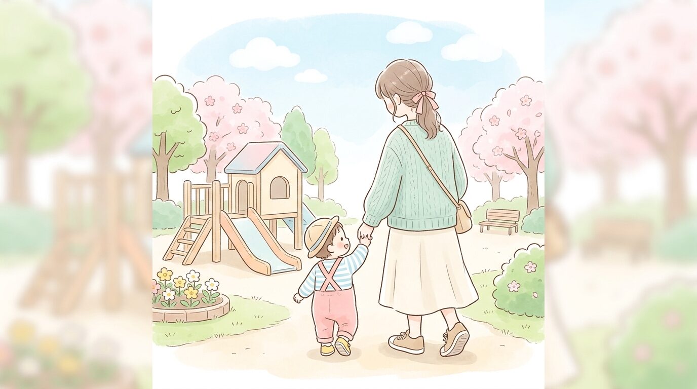 春の公園で子どもの手をつなぎ低い遊具のそばで一緒に遊ぶ保護者の後ろ姿