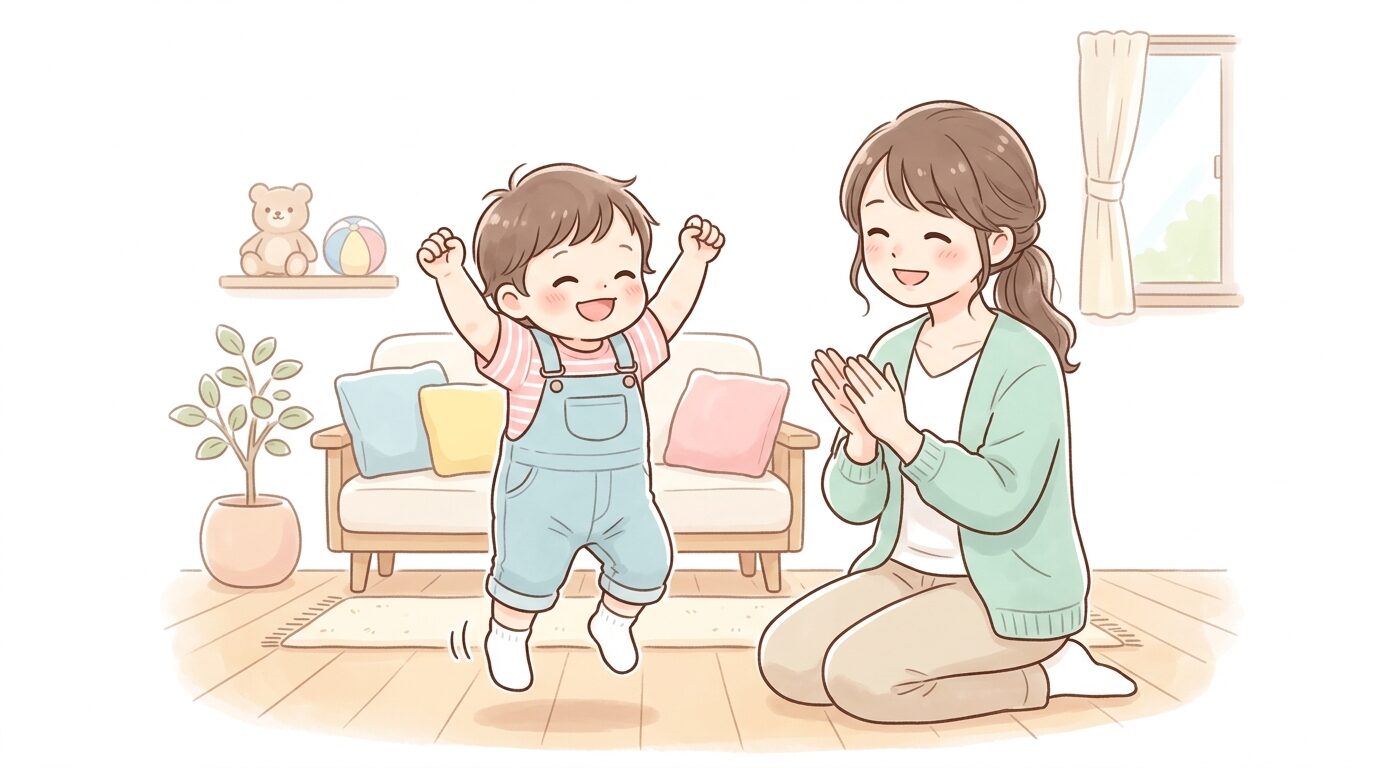 リビングで両手を上げてジャンプの真似をする1歳児と、隣で笑顔で見守る母親