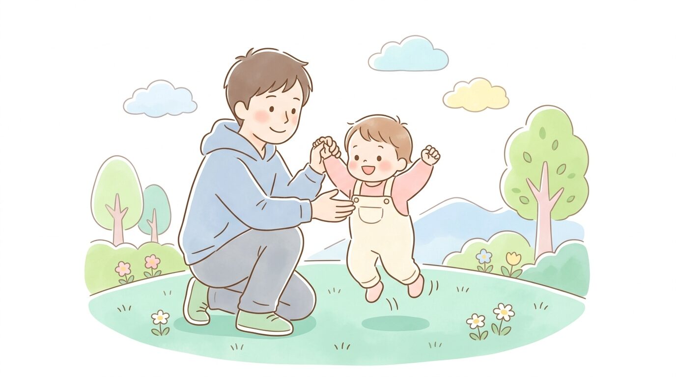 公園の芝生でジャンプの練習をする1歳半ごろの子どもと、両手を持って支える父親