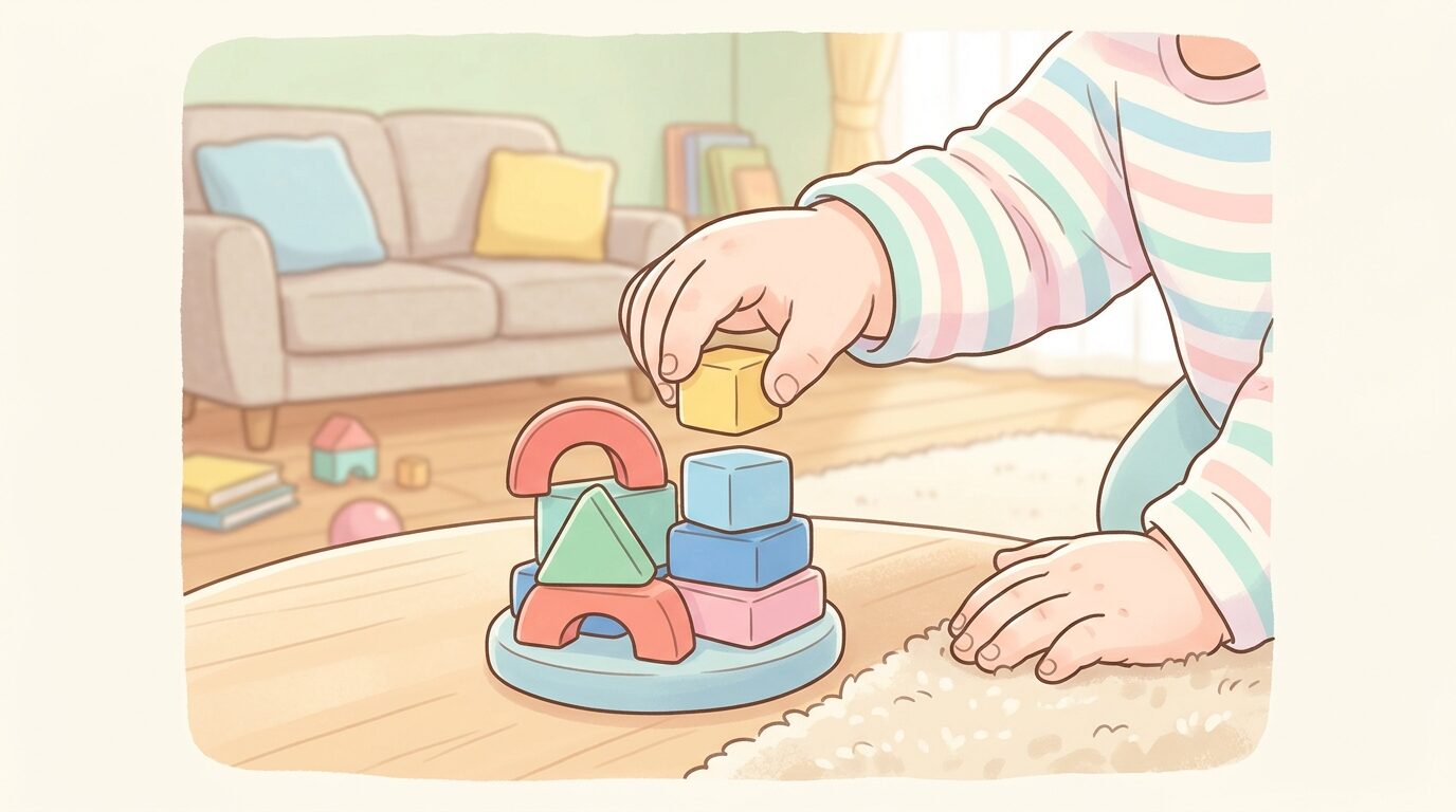 リビングでカラフルなおもちゃを指先でつまんで遊ぶ1歳児の手元のクローズアップ