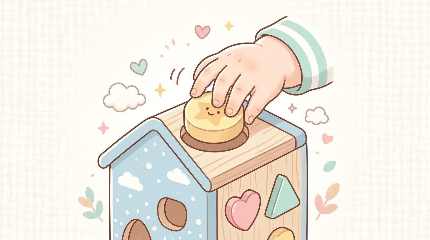 木製のポットン落としおもちゃに丸いパーツを入れようとする赤ちゃんの手