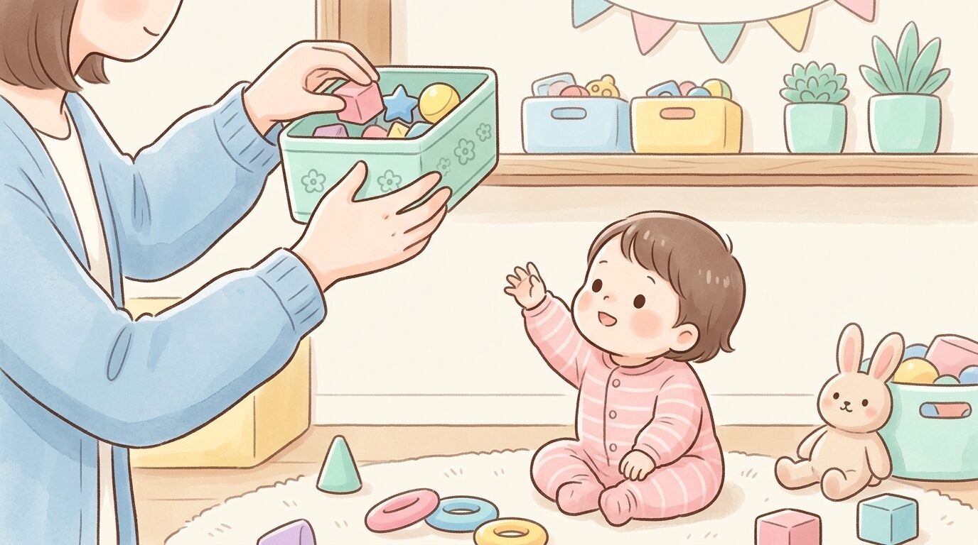 子供の手の届かない高い棚に小さなおもちゃのパーツを片付ける保護者の手元