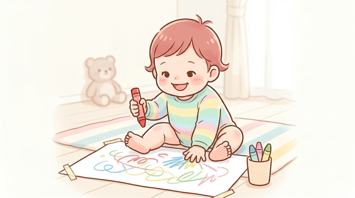1歳の赤ちゃんがクレヨンを握りしめて画用紙に殴り書きをしている笑顔の様子