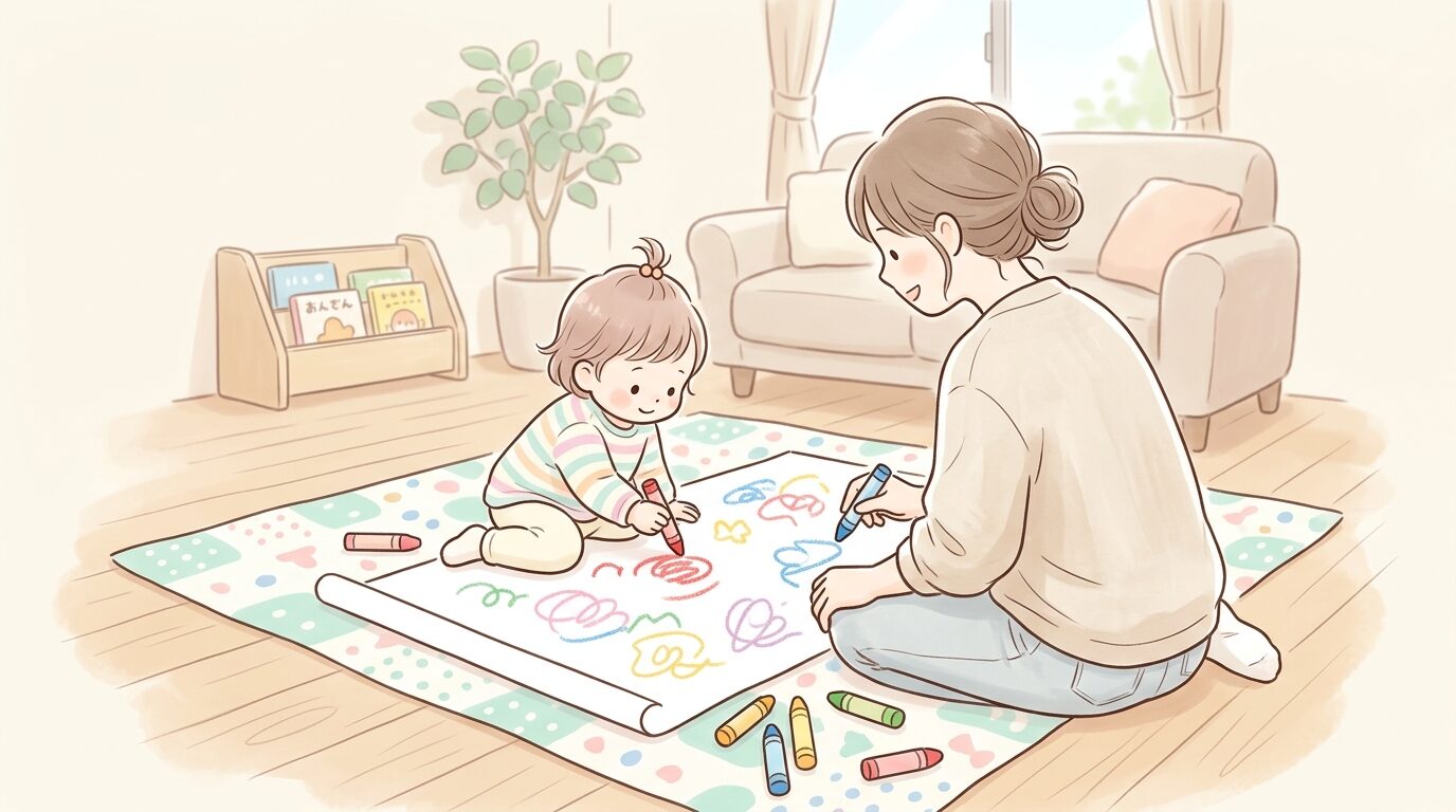 リビングの床に敷いたレジャーシートの上で大きな模造紙にお絵かきする親子の後ろ姿