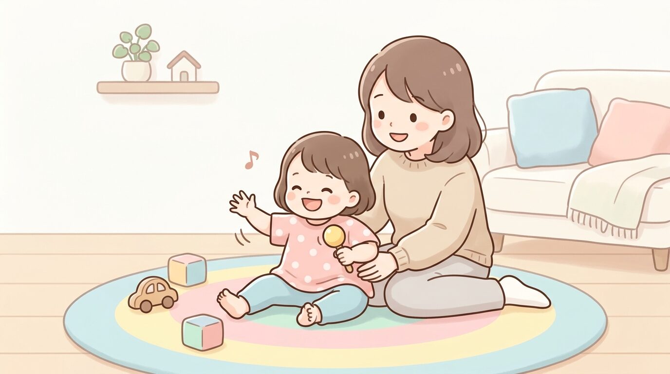 リビングで音楽に合わせて体を揺らして笑う1歳児と見守る母親