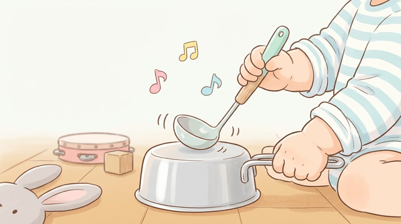 キッチン用品のお鍋やお玉を使って音を鳴らして遊ぶ1歳児の手元