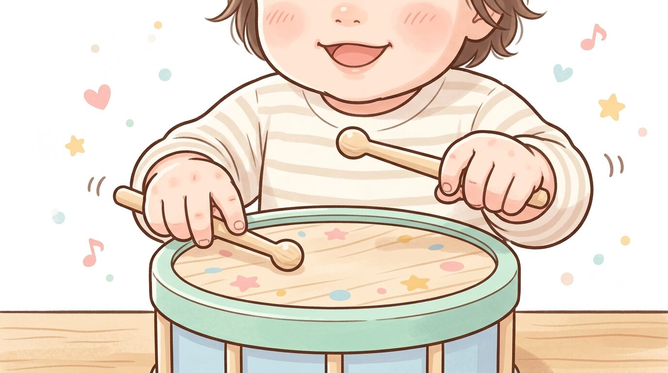 木製の太鼓おもちゃをバチで叩いて笑顔を見せる1歳児の手元アップ