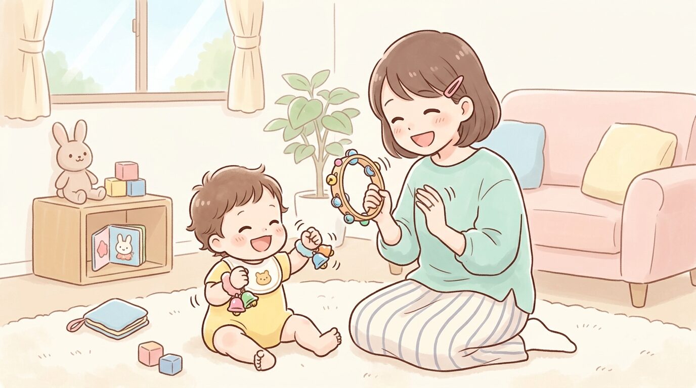 リビングで親子が一緒にタンバリンと鈴を鳴らして笑い合っている様子