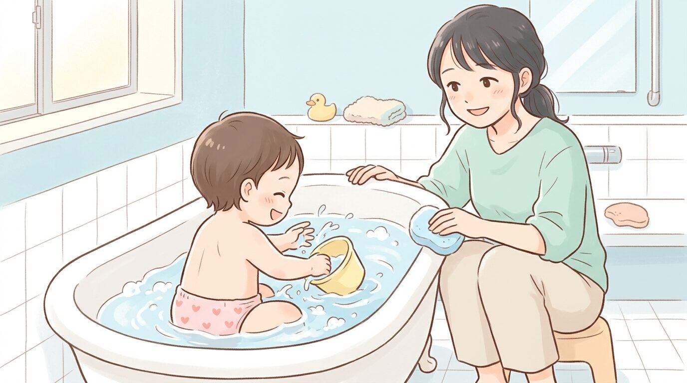 浴槽の中で笑顔で水をすくって遊ぶ1歳児の後ろ姿と見守る母親