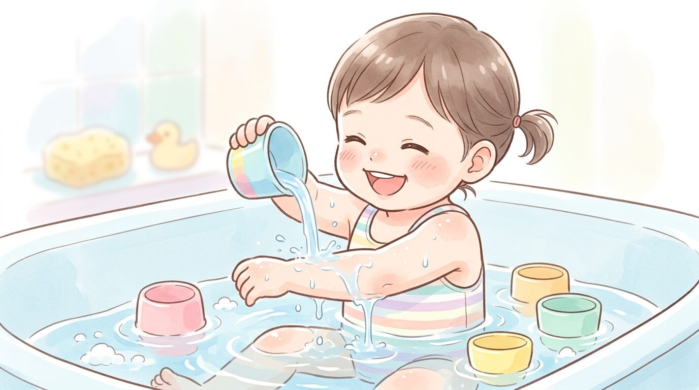 お風呂用のカラフルなカップで自分の腕に水をかけて遊ぶ1歳児の笑顔のアップ