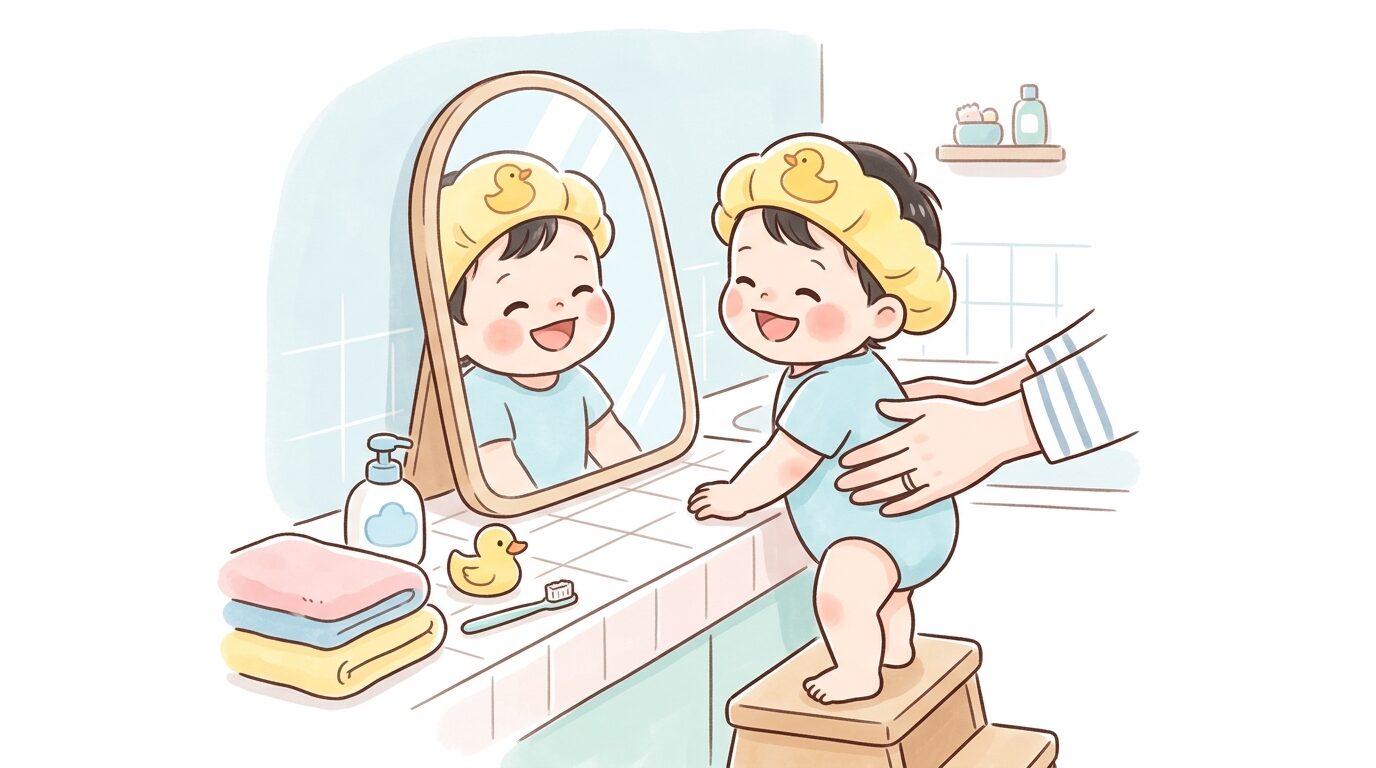 シャンプーハットをかぶって鏡の前で嬉しそうにする1歳児と優しく見守る親の手