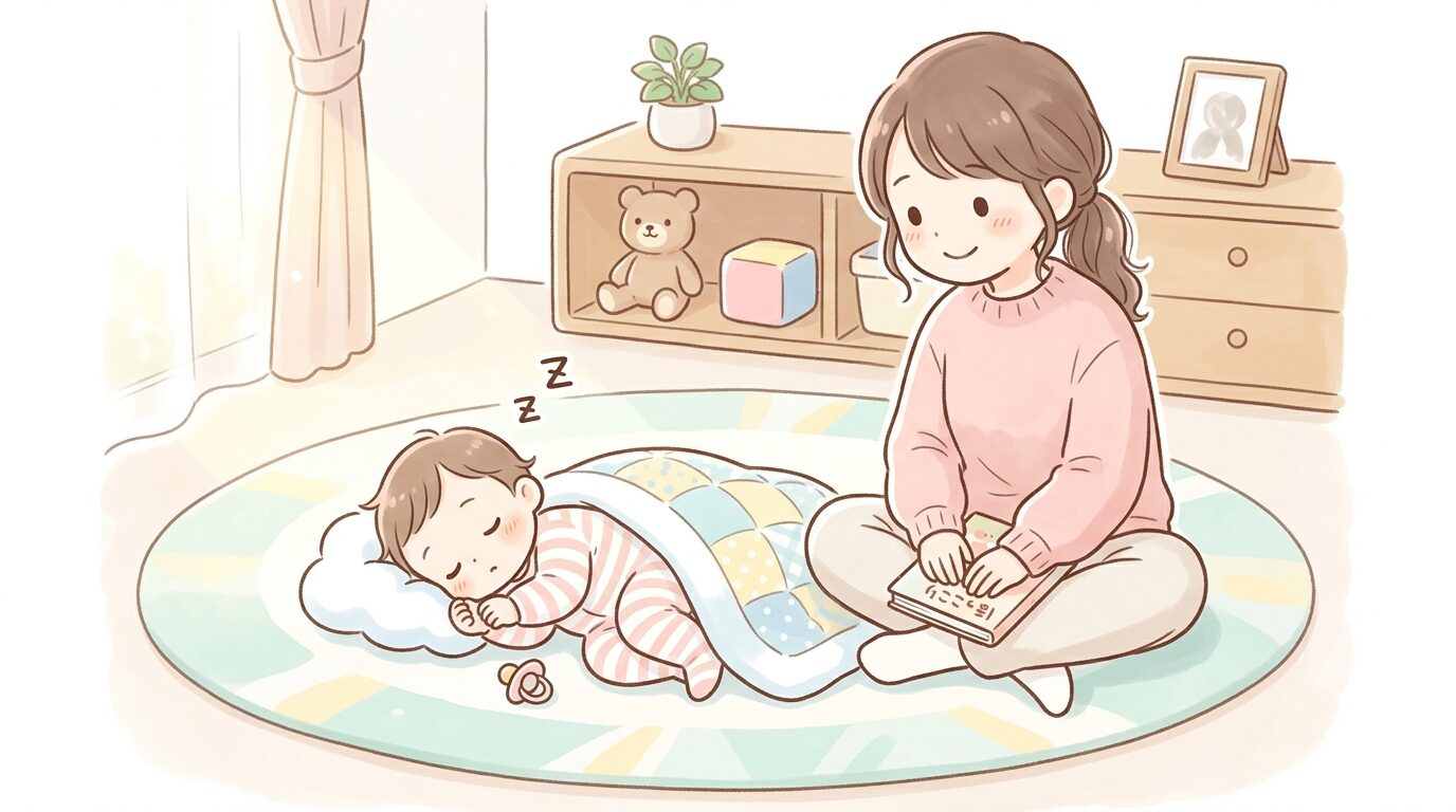リビングのラグの上ですやすやと昼寝をする1歳児と、そばで優しく見守る母親の温かい様子
