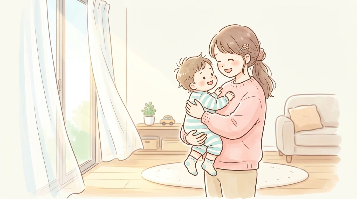 明るいリビングでカーテンを開け、目覚めた1歳児を優しく抱き上げる親のシーン