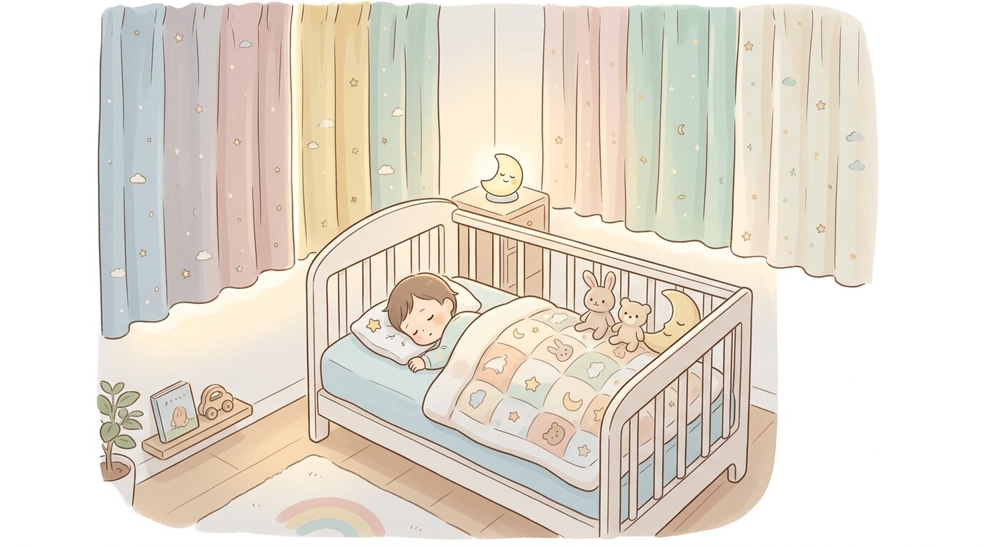 遮光カーテンで薄暗く整えられた子ども部屋のベビーベッドと寝具のインテリア