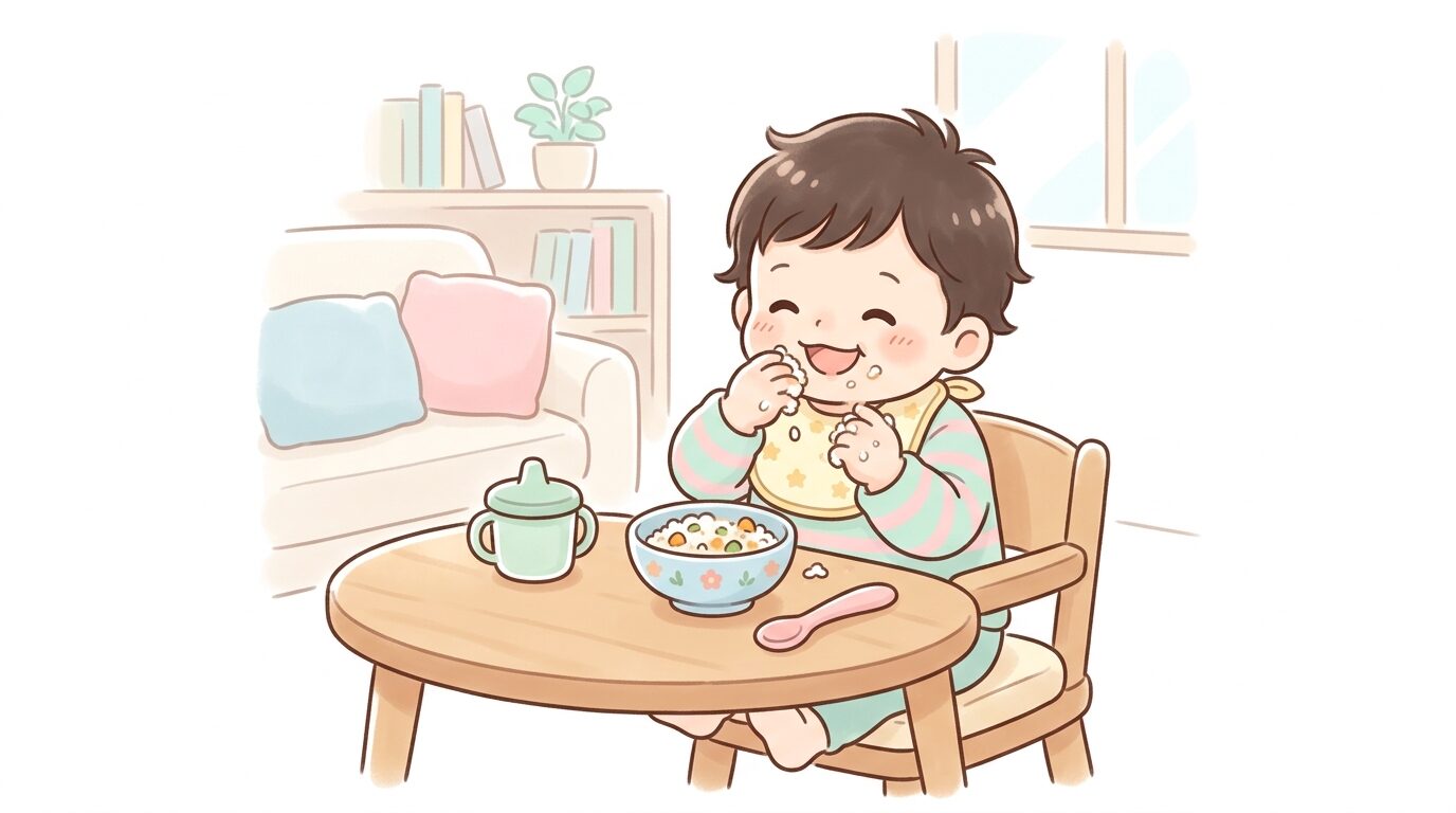 リビングのテーブルで1歳児が手づかみでご飯を食べている笑顔の様子