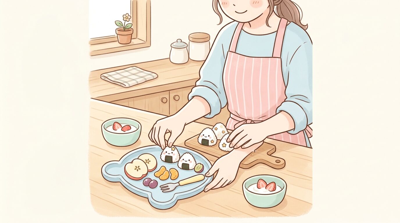 キッチンで1歳児のためのおやつを準備する母親の手元、おにぎりや果物