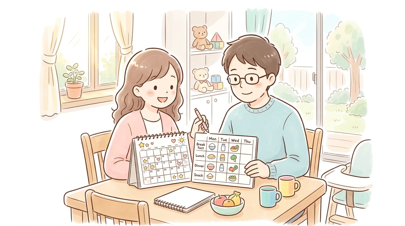 カレンダーとタイムテーブル表を見ながら献立を考える親、明るいダイニングの様子