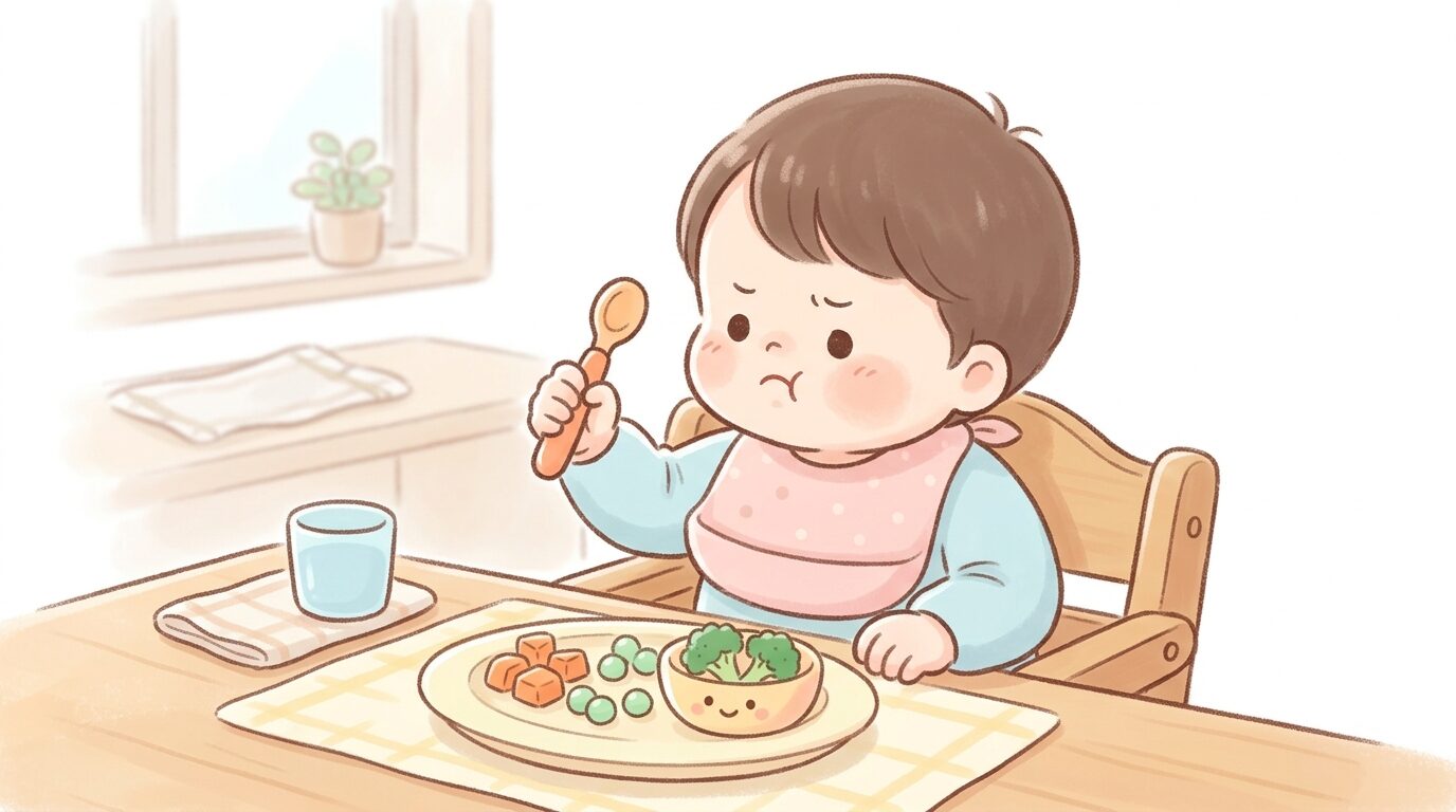 食卓でスプーンを持ちながら野菜を嫌がって顔を背ける1歳児の様子
