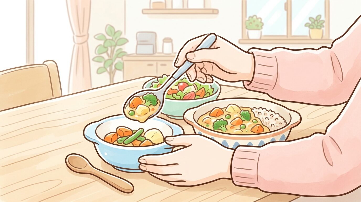 家族の食事から取り分けた野菜料理を1歳児用の小皿に盛り付ける母親の手元
