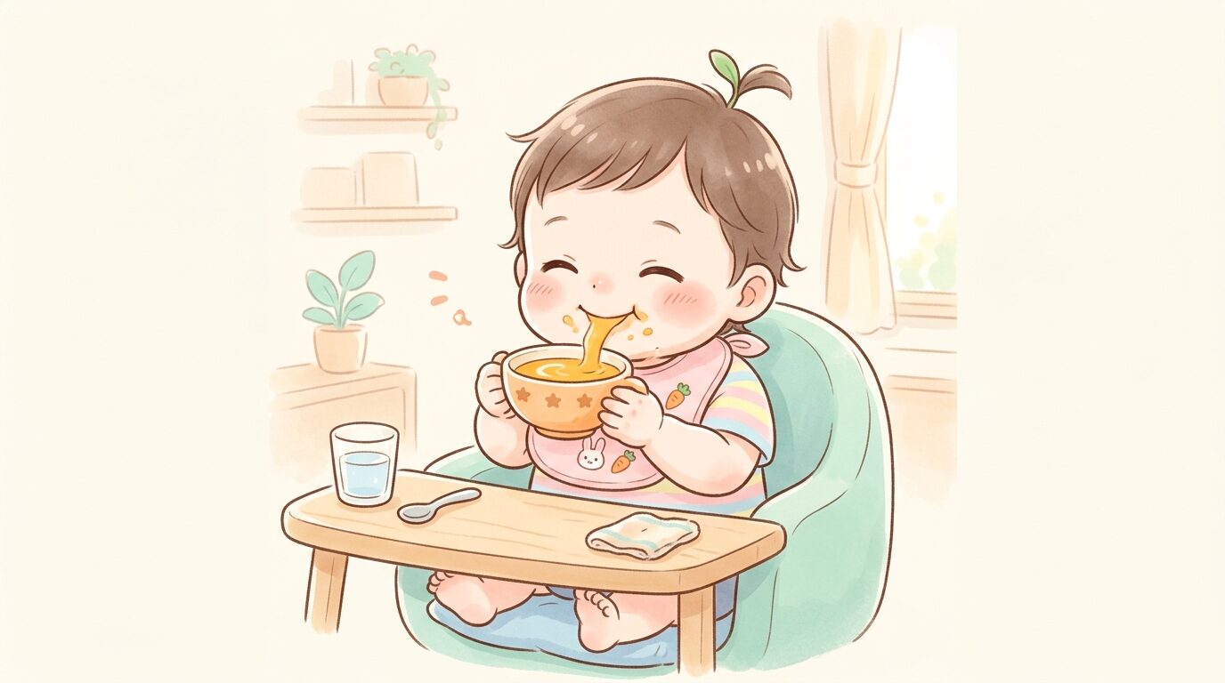 にんじんのポタージュスープを美味しそうに飲む1歳児の笑顔
