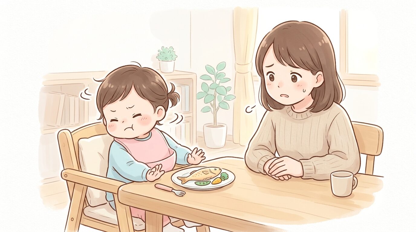 ダイニングチェアに座り魚料理を前にして首を横に振る1歳児と、困った表情で見守る母親