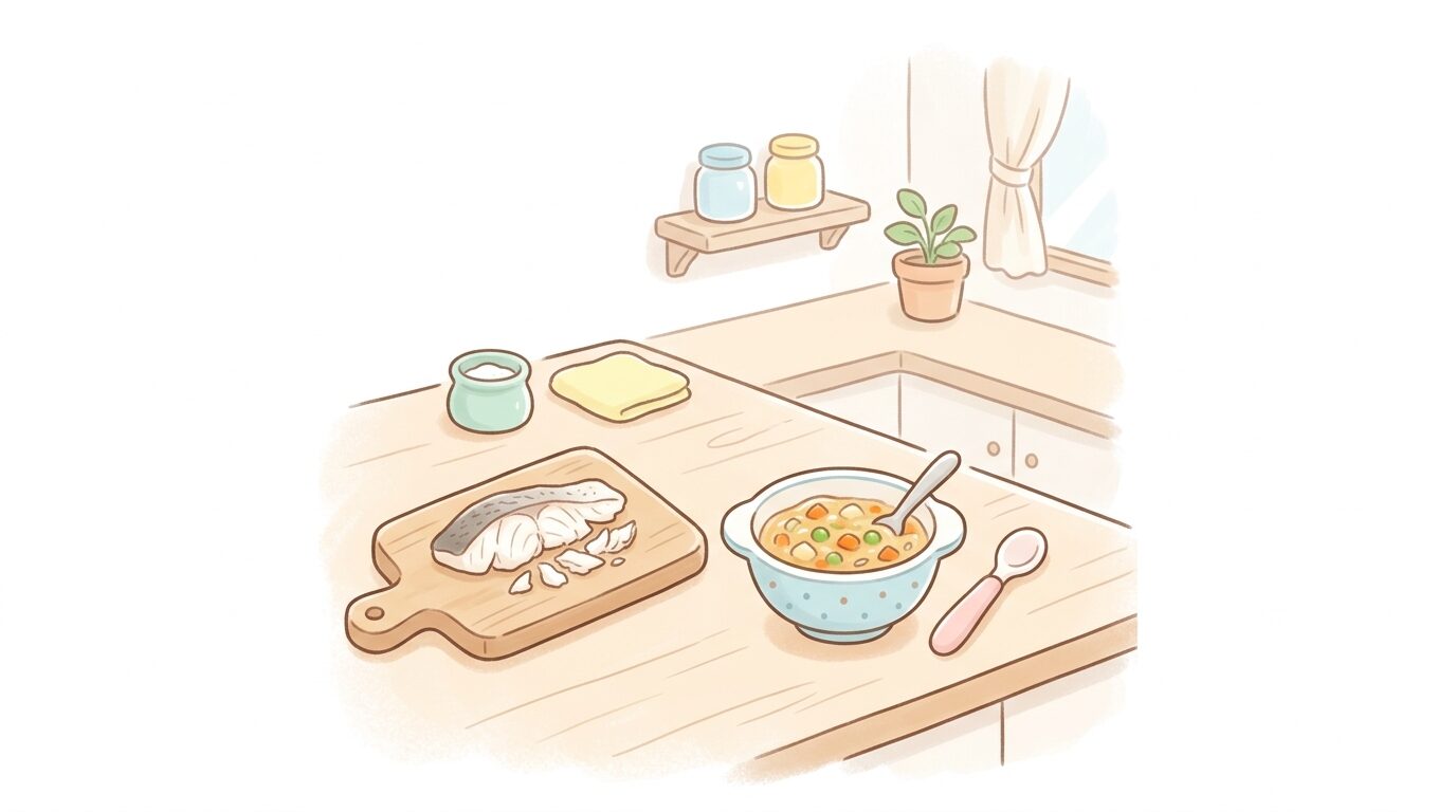 まな板の上でほぐされた白身魚と、とろみのついた野菜あんかけが入った小鉢が並ぶキッチンの様子