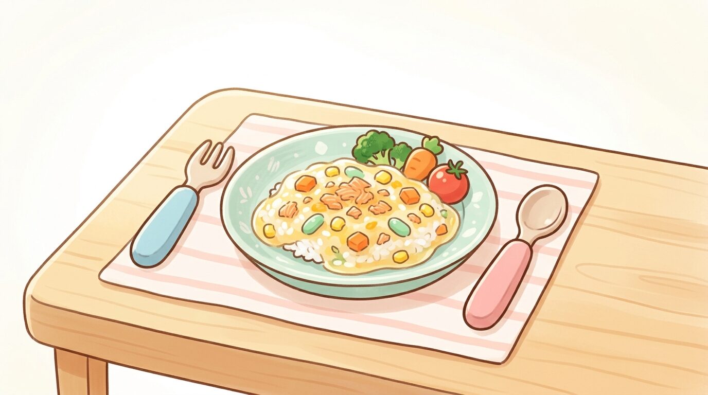 小さな子ども用のフォークとスプーンが置かれたテーブルで、カラフルな野菜と魚のそぼろあんかけごはんが盛られたお皿