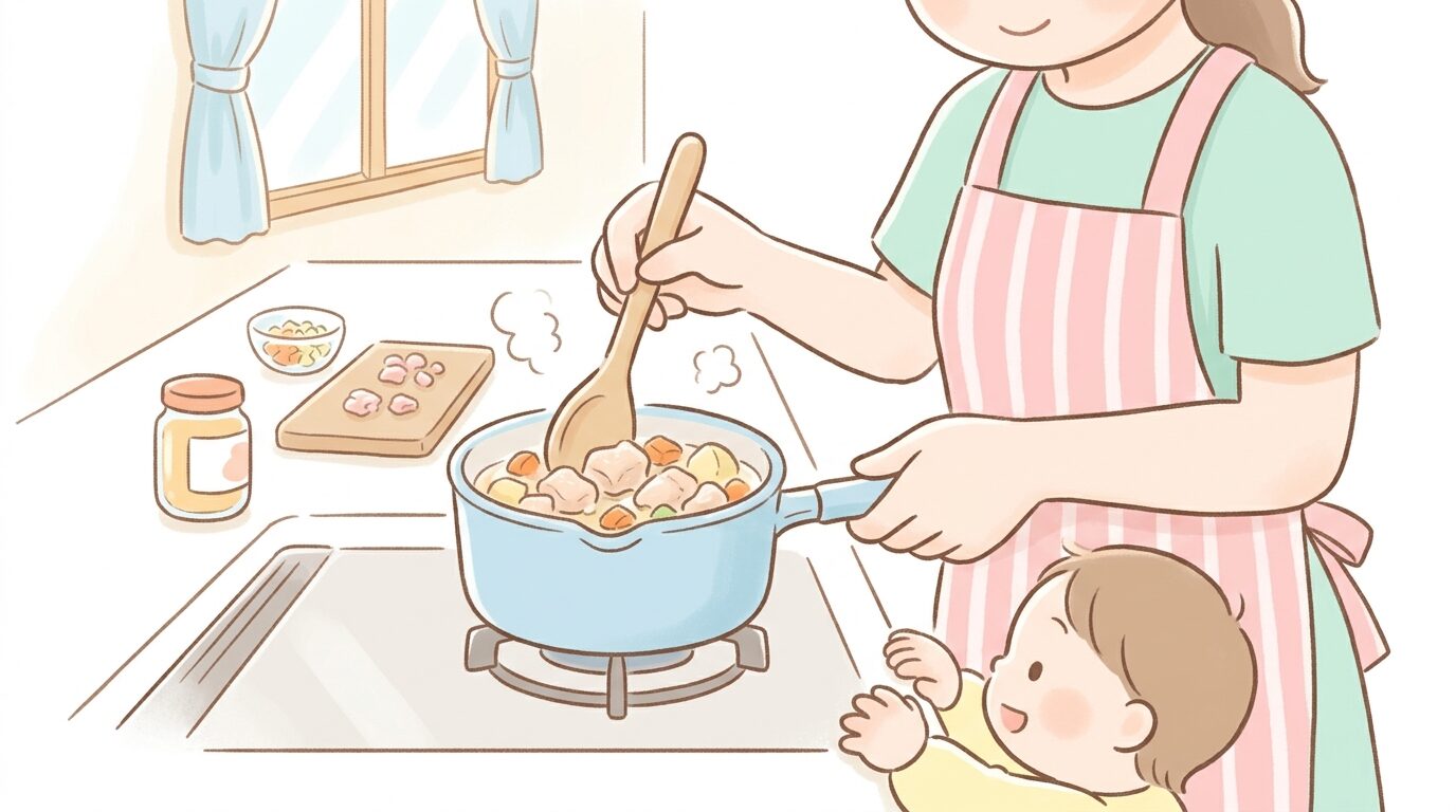 キッチンで1歳の子ども用に鶏肉を柔らかく煮ている母親の手元