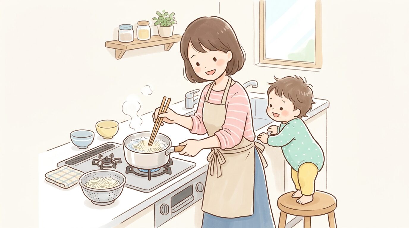 キッチンでそうめんを茹でる若い母親と、隣で興味深そうに覗き込む1歳児