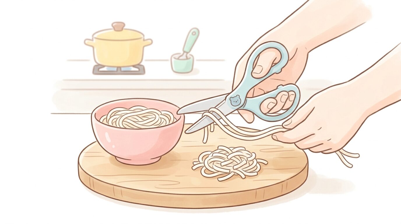 まな板の上でキッチンばさみを使い麺を短く切る手元のクローズアップ