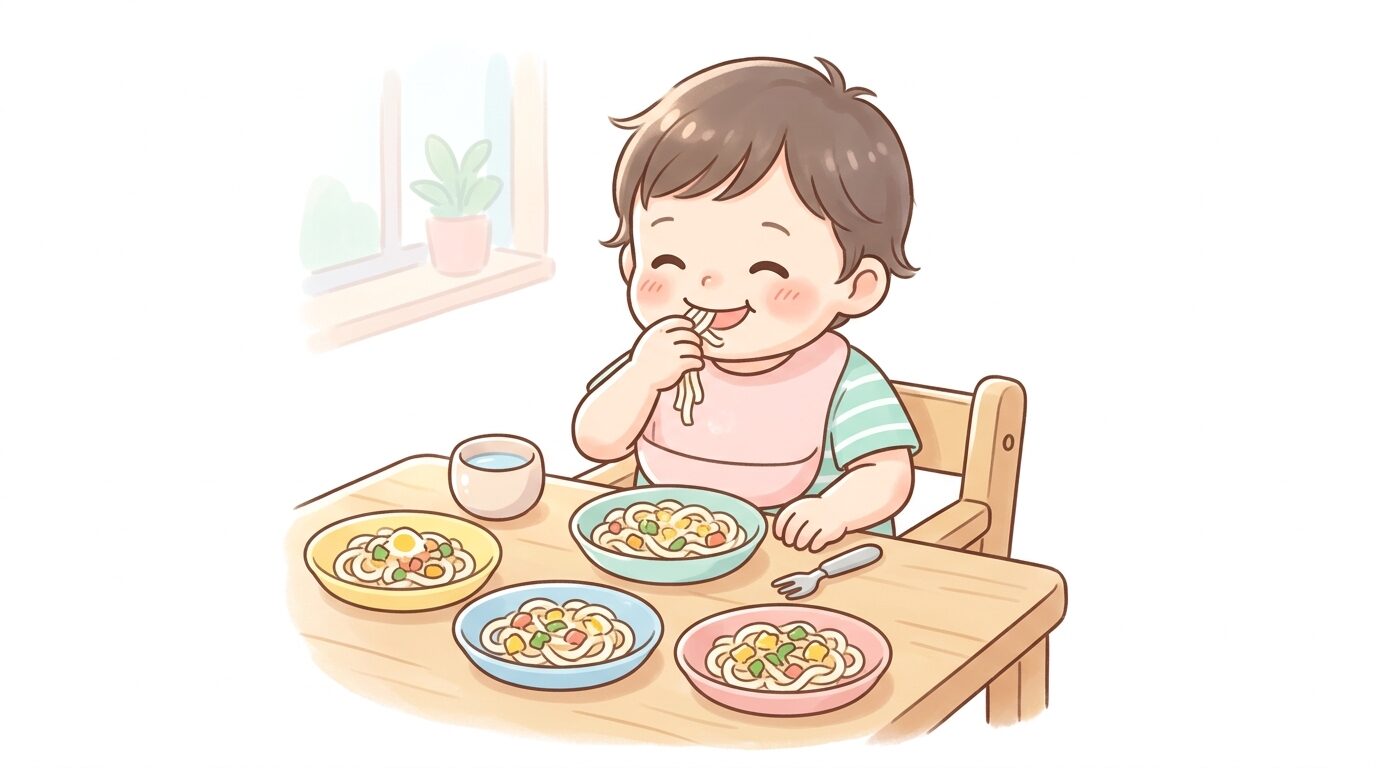木製テーブルに並んだ子ども用のカラフルな小皿に盛られた麺料理と、笑顔で手づかみ食べする1歳児