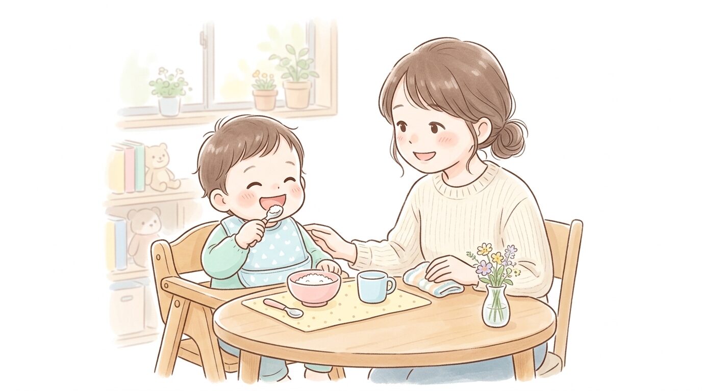 ダイニングテーブルで軟飯を食べる笑顔の1歳児と見守る母親