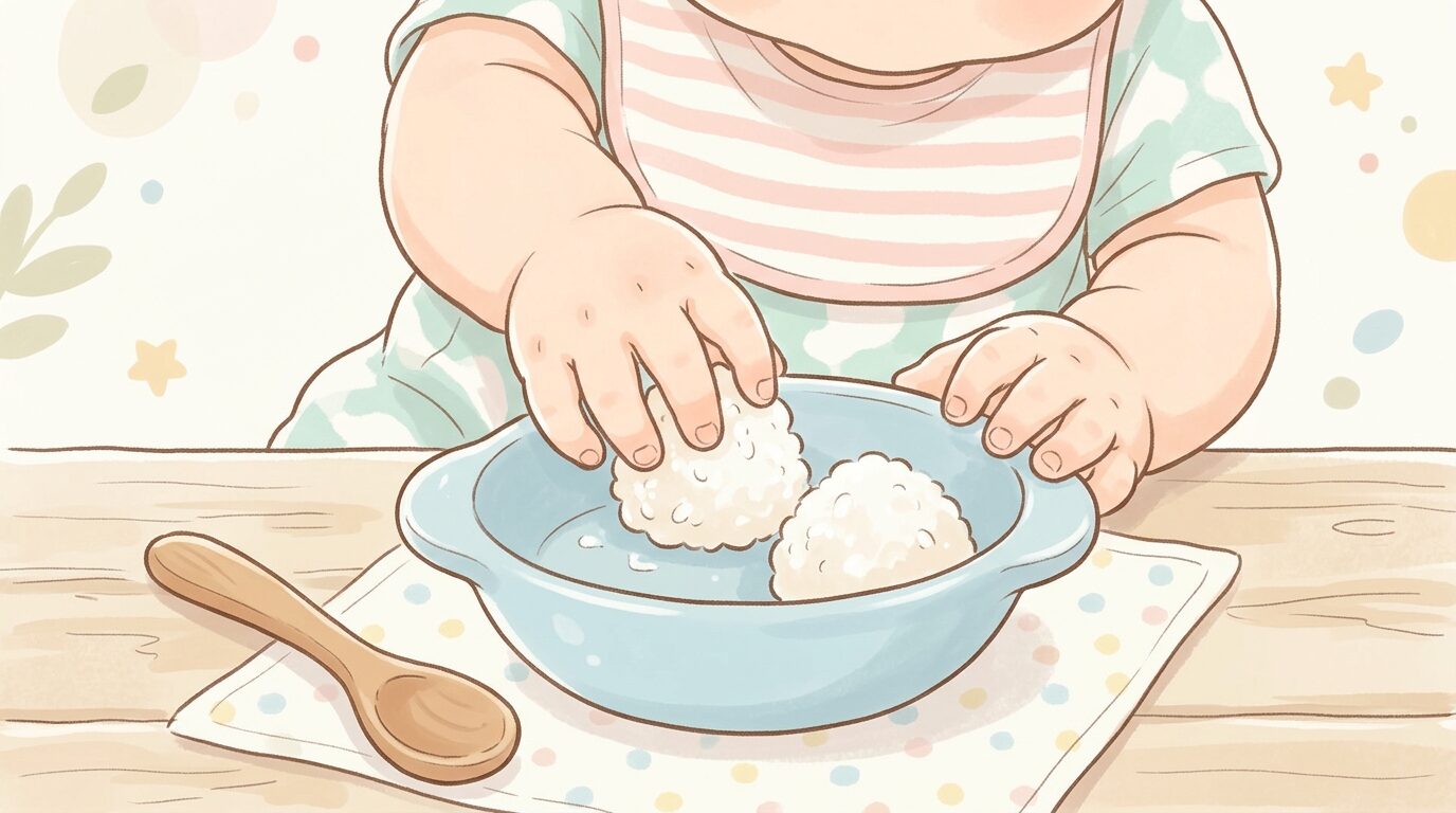 手づかみで軟飯のおにぎりを食べようとする1歳児の手元アップ