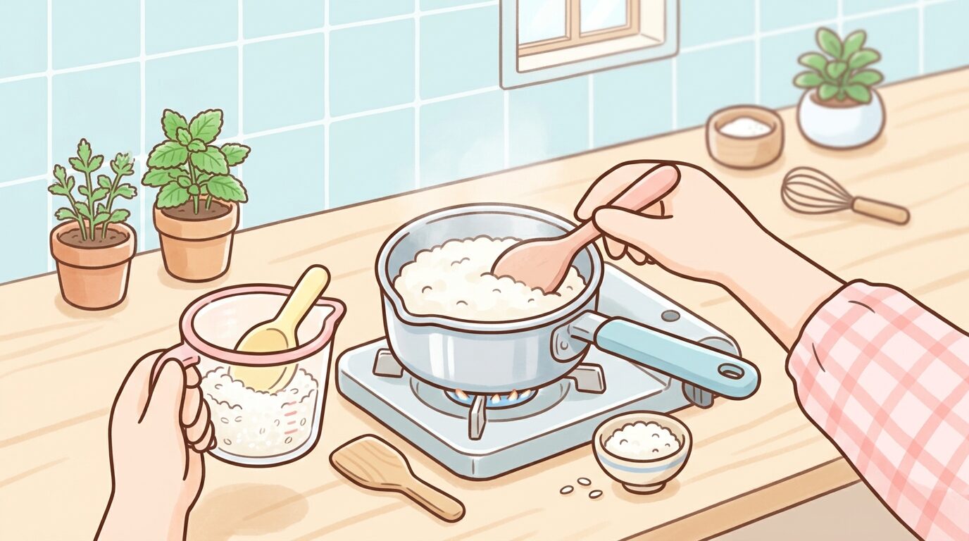 キッチンで軟飯用の小鍋と計量カップを使い離乳食を準備する親の手元