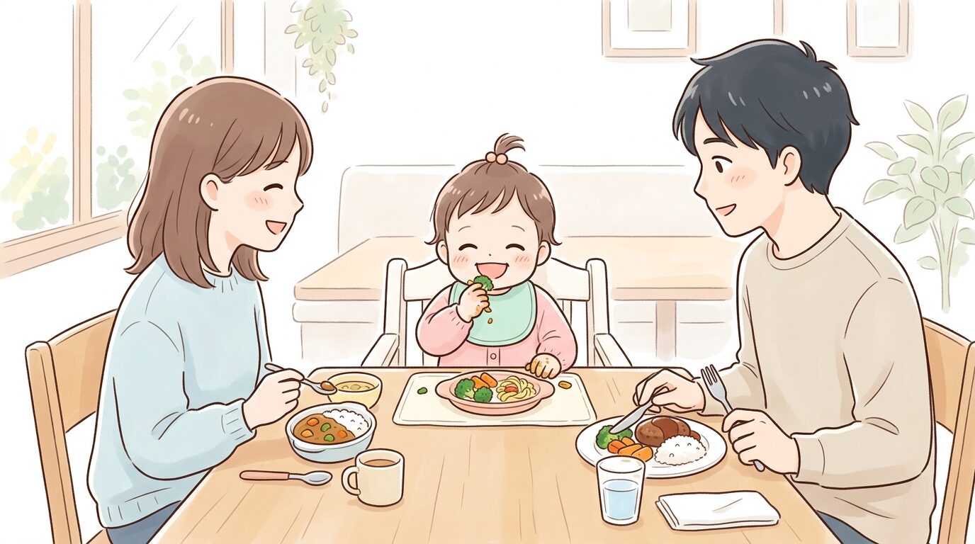家族3人でファミリーレストランのテーブル席に座り、1歳児がベビーチェアで笑顔で手づかみ食べをしている温かい雰囲気の写真