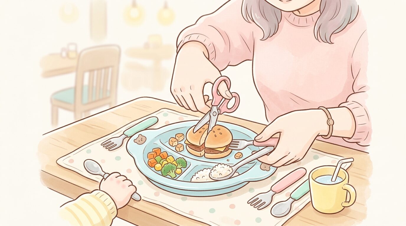 テーブルの上でママが小さなハサミを使い、ハンバーグを一口サイズに切り分けている手元のクローズアップ