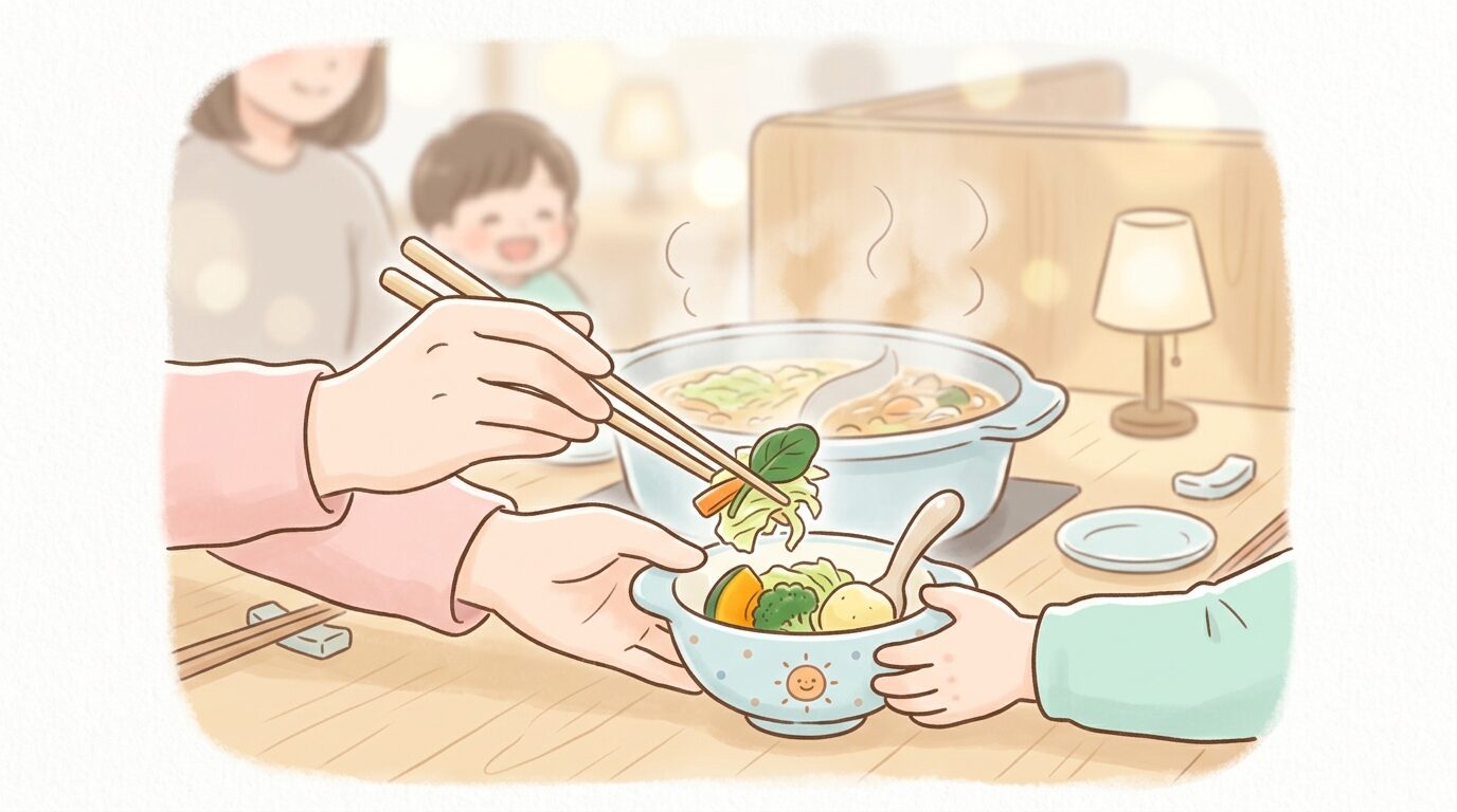 しゃぶしゃぶ店で湯通しした野菜を子ども用の小皿に取り分ける親の手元、湯気が立つ鍋がぼんやり写る温かみのある構図