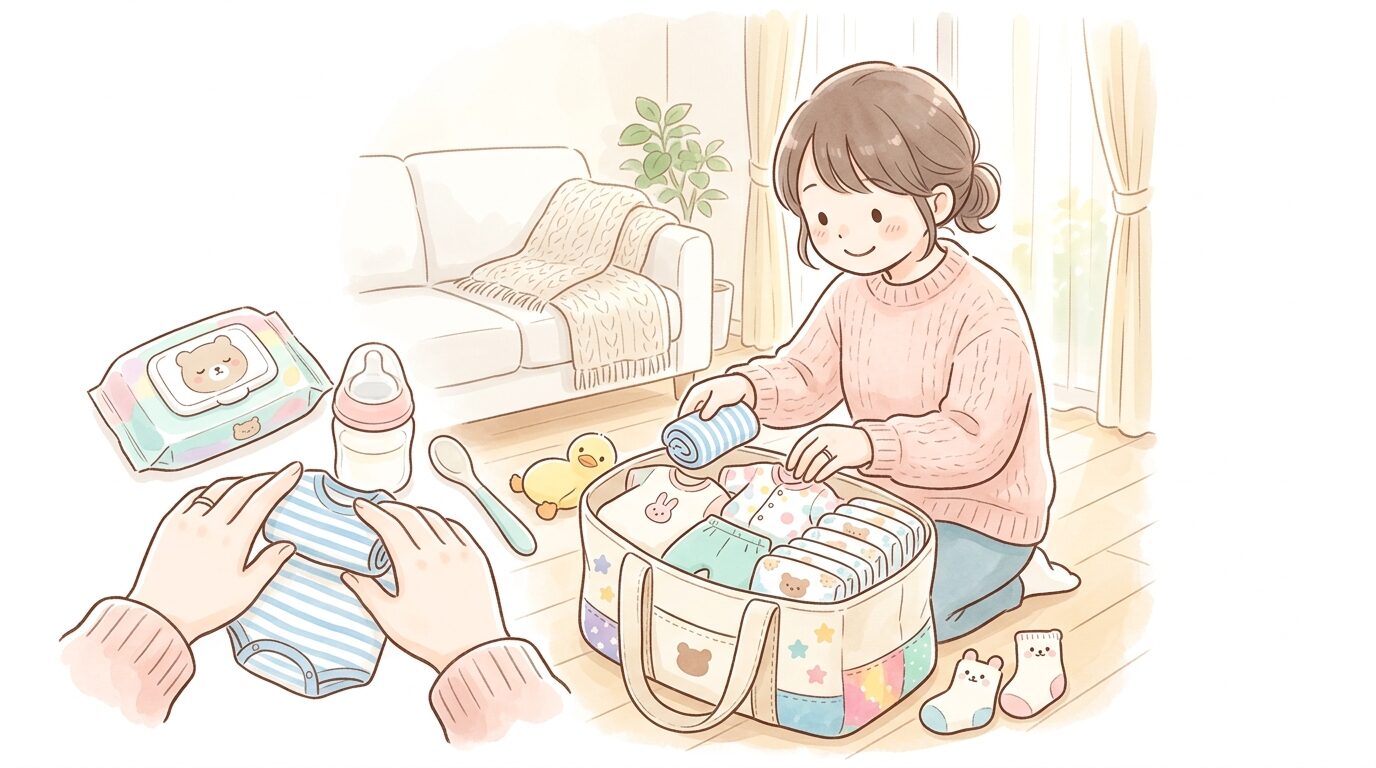 リビングで旅行バッグに子ども服やおむつを詰める若い母親の手元、明るく整理された荷物