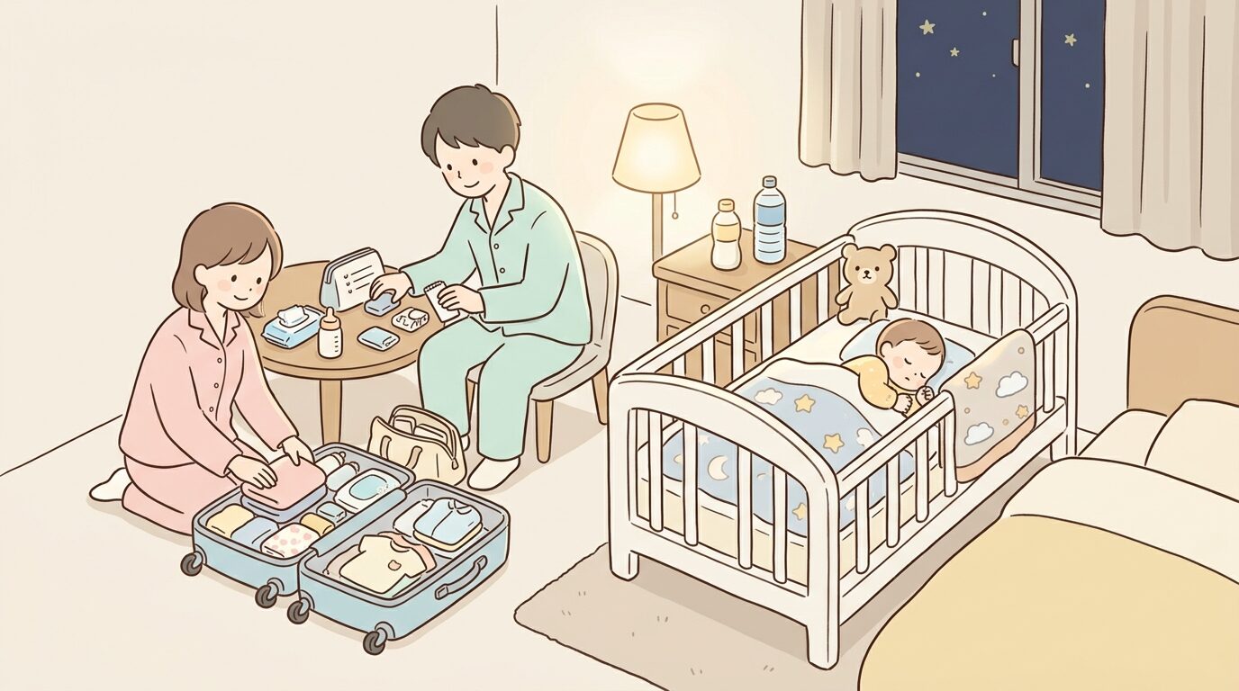 ホテルの部屋でベビーベッドに眠る1歳児と、荷物を整理する両親の穏やかな夜の風景
