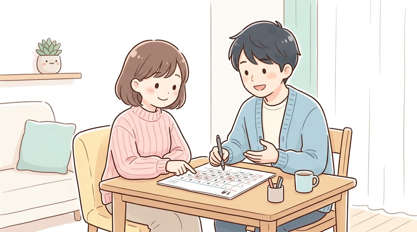 カレンダーを見ながら帰省の日程を家族で相談する若い夫婦