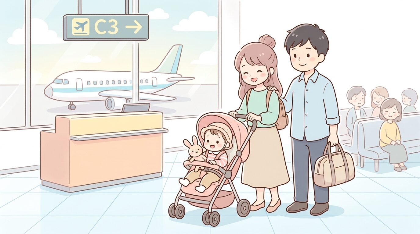 空港のベビーカーに乗った1歳児と搭乗ゲートで待つ家族