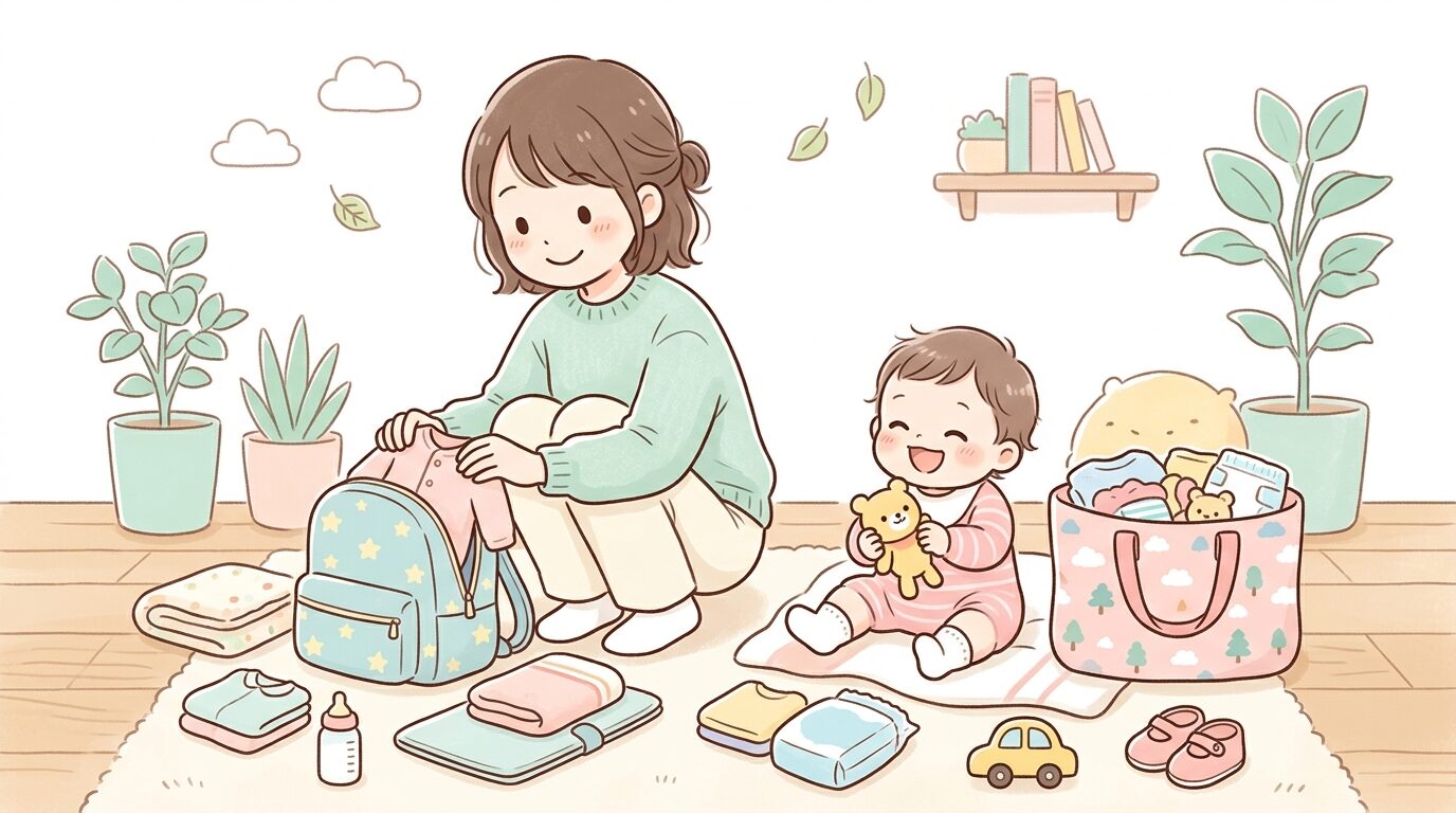 帰省用の荷物をリュックとバッグに詰める母親と1歳の子ども