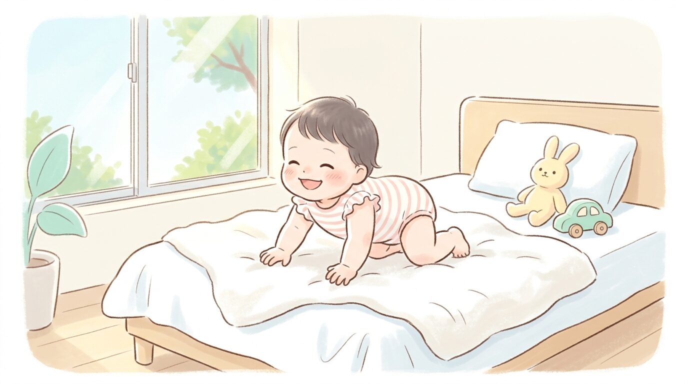 白いシーツの上で笑いながらハイハイする1歳の赤ちゃんを窓からの自然光が優しく照らしている様子