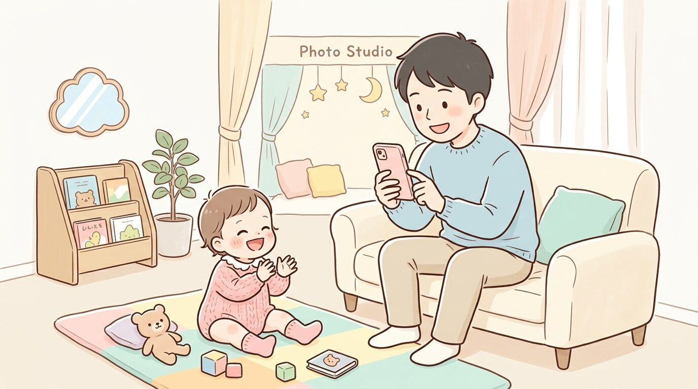 フォトスタジオの待合スペースでスマートフォンを構える父親と、その視線の先で笑う1歳の赤ちゃん