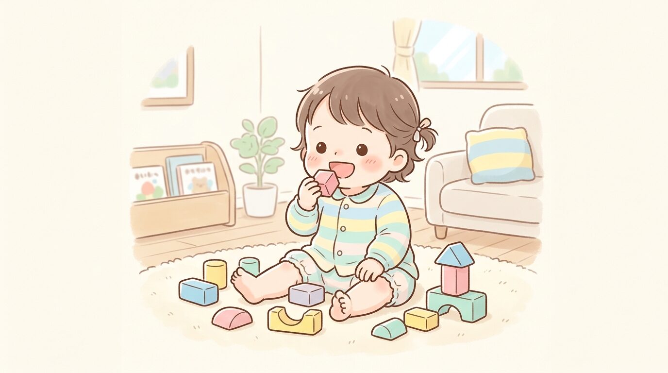 リビングで積み木をおいしそうに食べるふりをして遊ぶ1歳半の子ども
