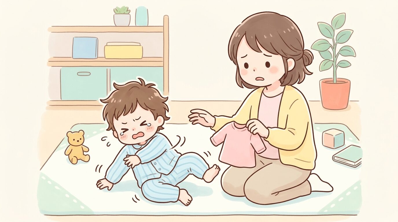 着替えを嫌がって体をよじる1歳半の子どもと困った表情の母親